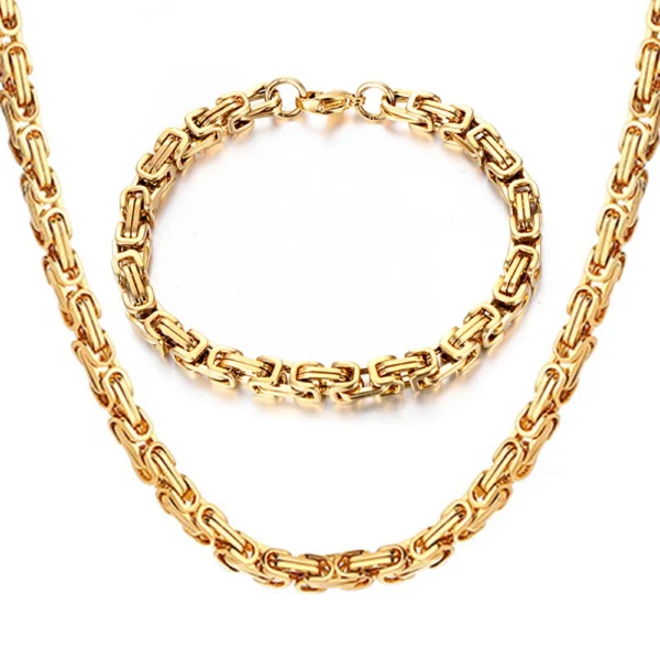 Gold Color Stainless Steel 4mm Byzantine Link Chain Bracelets Necklace For Women Men Fashion Party Wedding Jewelry Sets Gifts