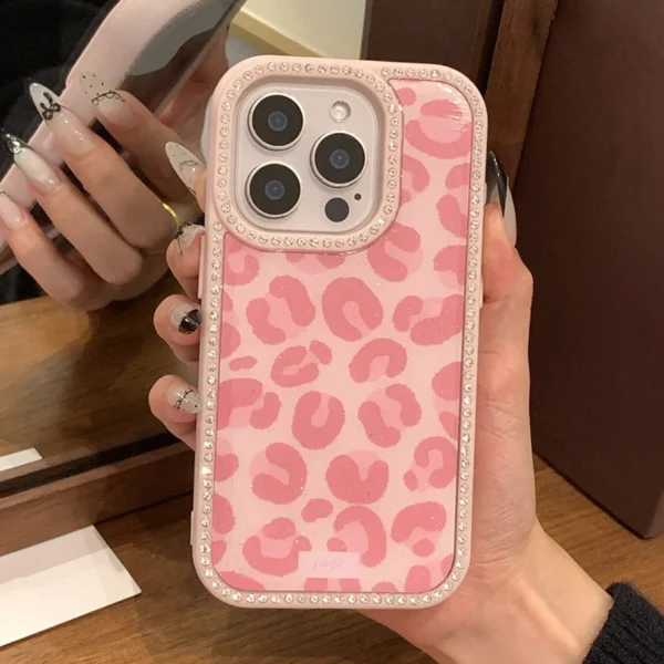 Stylish Cool Girl Pink Leopard Print Diamond Edge Phone Case For iPhone 16 Pro Max 15 13 14 Glitter Silicone Back Cover
