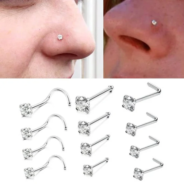 1PC Stainless Steel 1.5-3mm Round Zircon Nose Studs Steptum Nose Rings Hooks Bar Pin L Shape Nostril Piercing Body Jewellery 20g