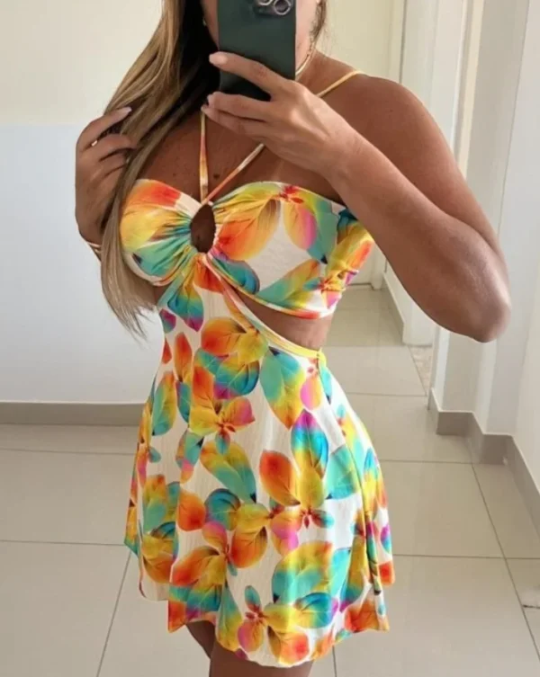 Beach Dresses for Women Summer Floral Print Halter Sleeveless A Line Mini Dresses Women's Sexy Waist Hollow Out Vacation Dress