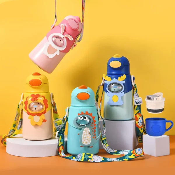 Carton Thermos Bottle for Kids Food Grade Thermal Water Bottle Stainless Steel Pot Belly Straw Cup with Strap Opening Gift